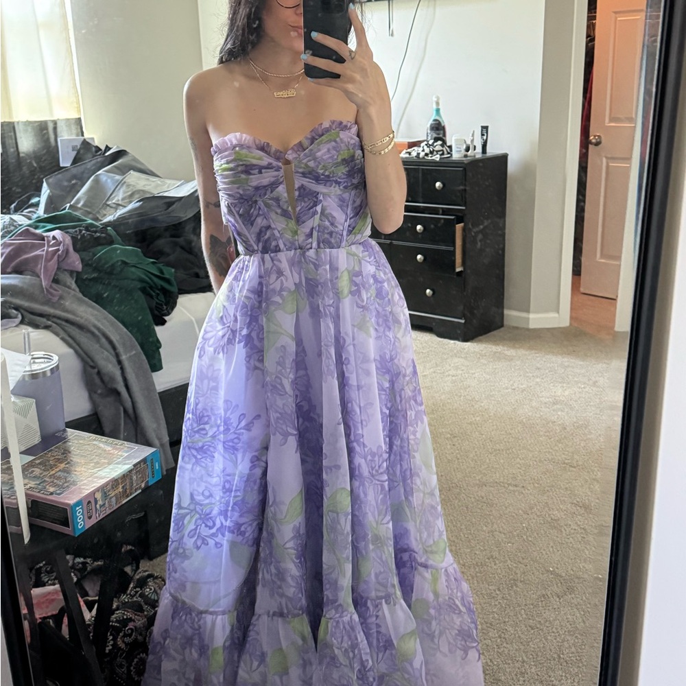 Floral Purple Strapless Dress